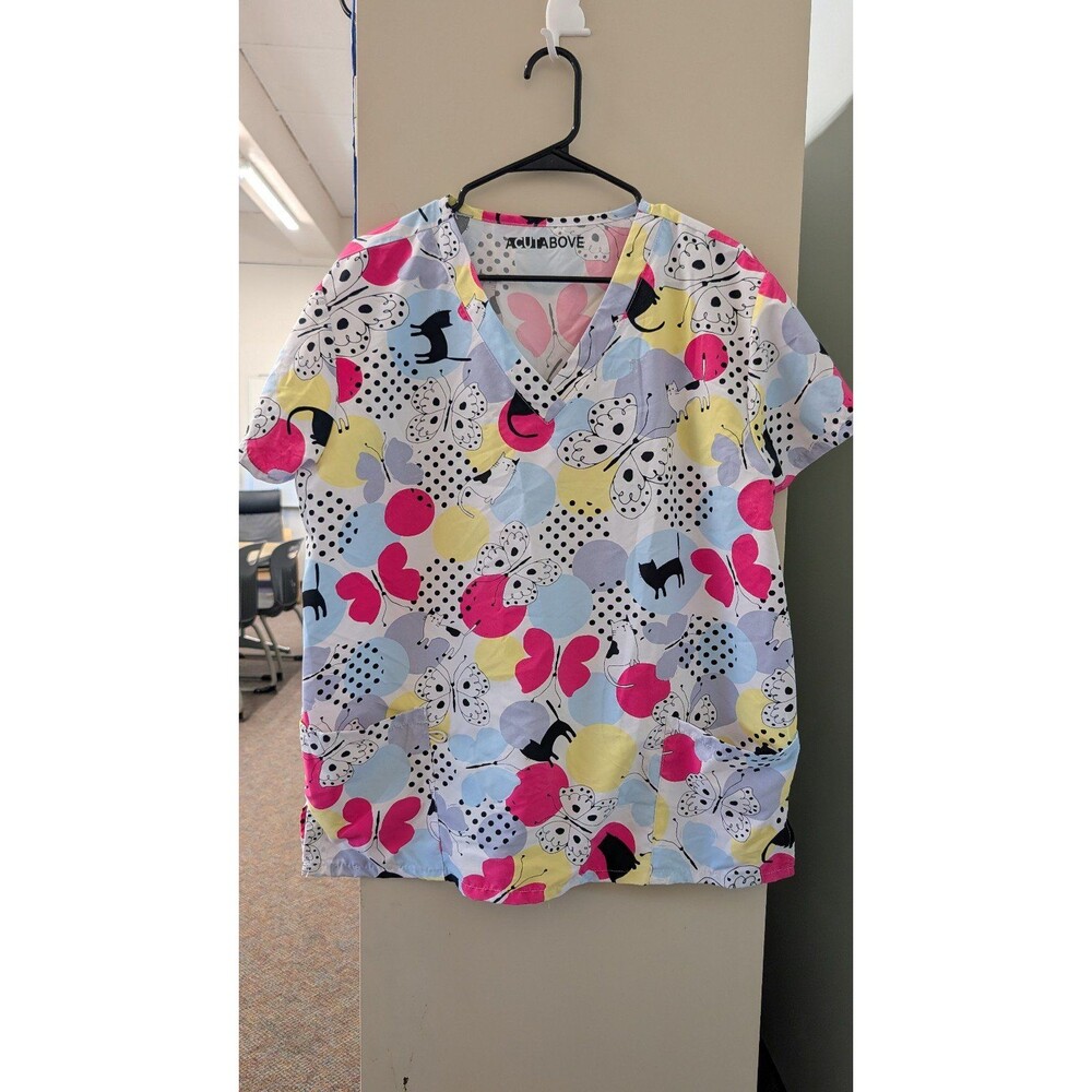 A Cut Above Cats and Butterflys Colorful Scrub Top - Picture 1 of 4